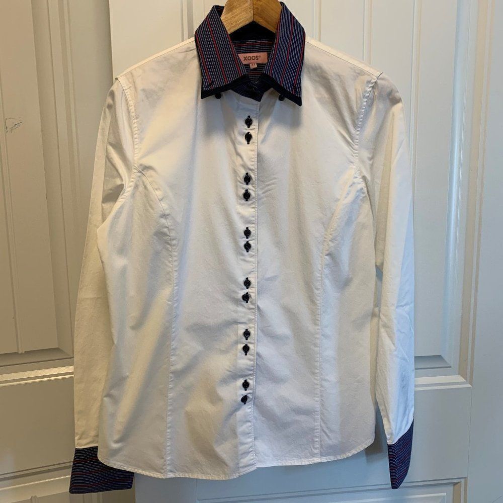 Xoos mens style long sleeve shirt, 100% cotton, red navy trim, womens 44…